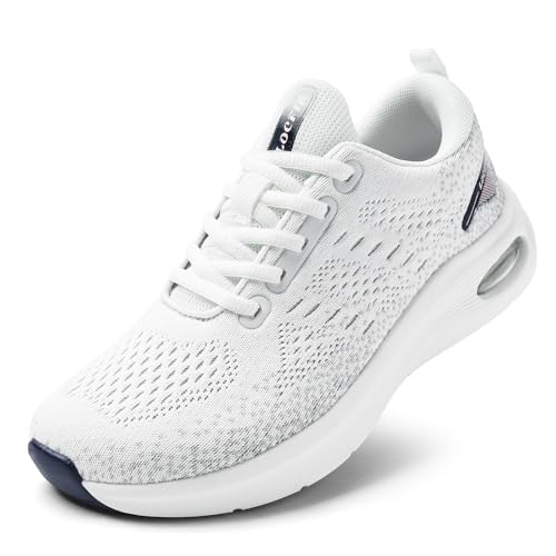 LOCFIR Wide Toe Box Walking Shoes Women with Cushioned Arch Support Orthopedic Running Sneakers for Plantar Fasciitis Non-Slip Lightweight Comfortable Breathable Workout Tennis Shoes White Grey US 8