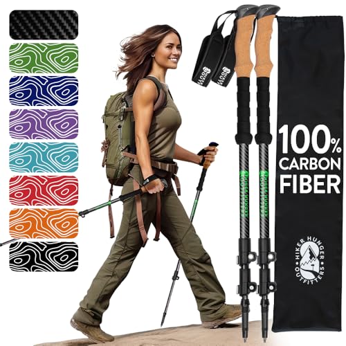 100% Carbon Fiber Trekking Poles by USA Brand - Ultra Strong Lightweight Collapsible Hiking Poles with Cork and EVA Foam Grips & Quick Adjustable Flip Locks