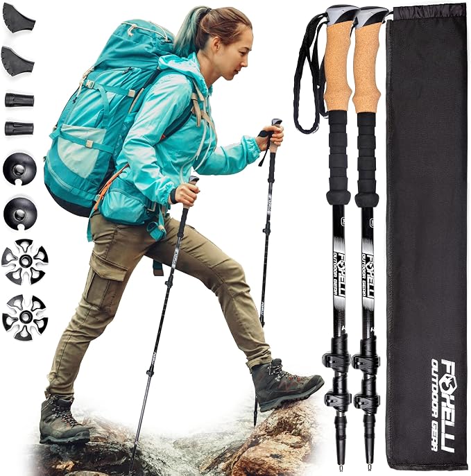 Foxelli Carbon Fiber Trekking Poles – Lightweight Collapsible Hiking Poles with Cork Grips, Quick Flip Locks & All-Terrain Accessories – Adjustable Height Hiking Sticks for Men & W